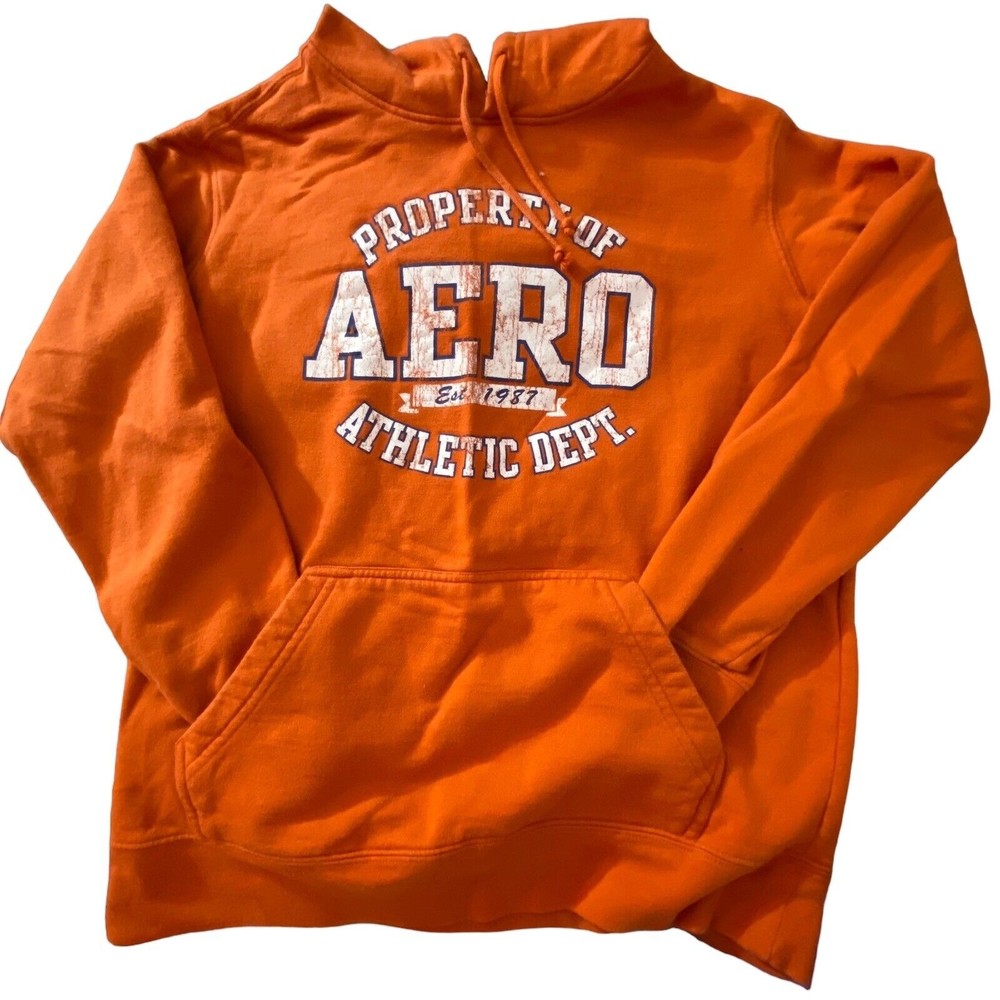 Aeropostale 1987 Women’s Orange Distressed Pullover Hoodie Kangaroo Pocket Sz S